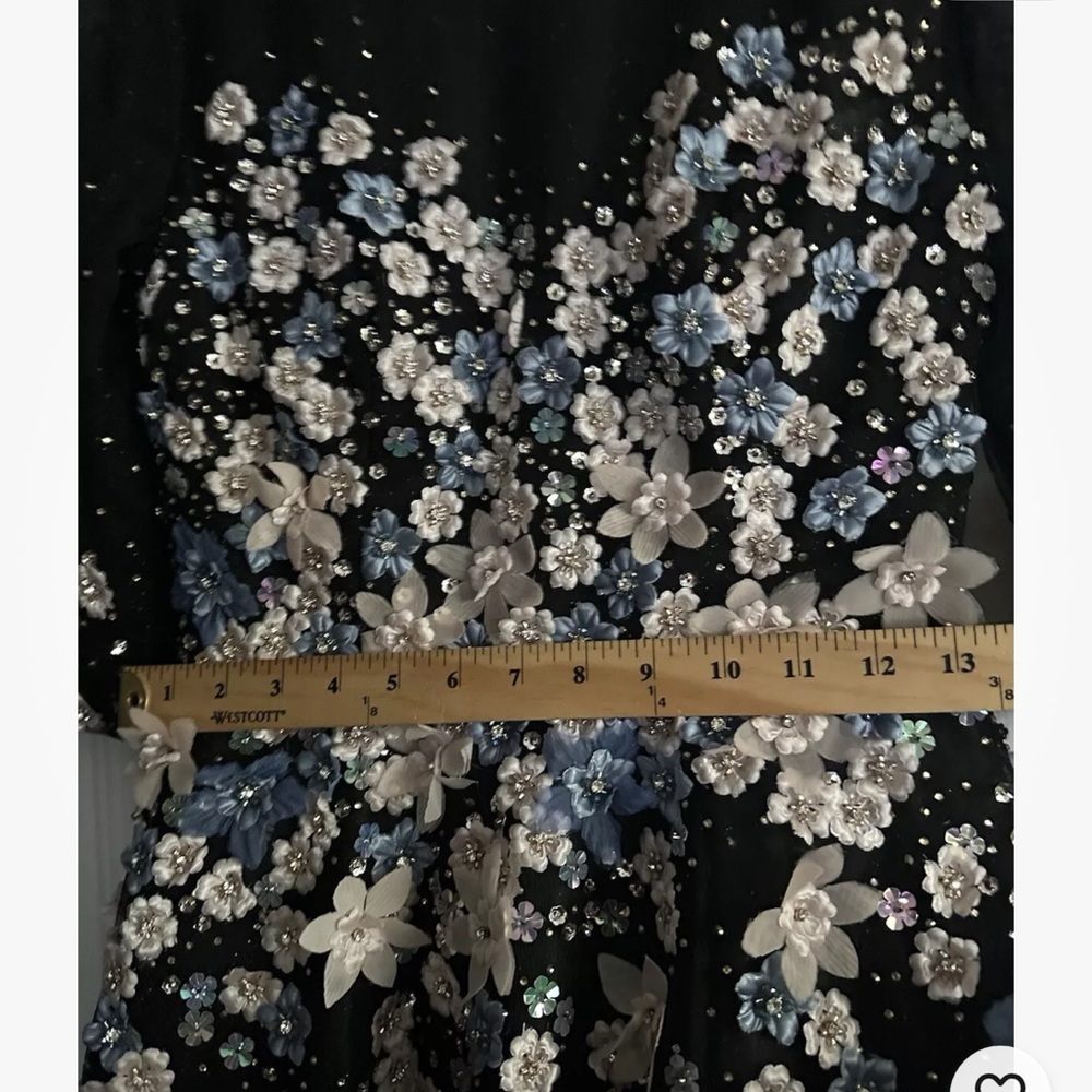 Mac Duggal Floral Appliqué Midi Cocktail Dress Size 6 Mesh romantic Edgy Lined - Picture 7 of 14